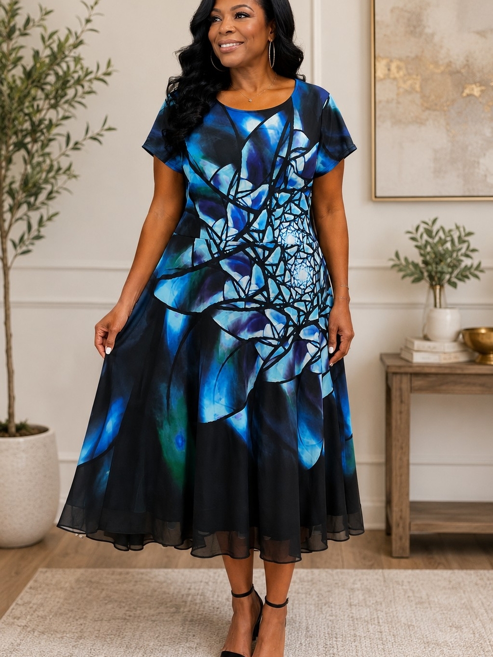 Blue Floral A-Line Midi Dress - Elegant Women's Dress